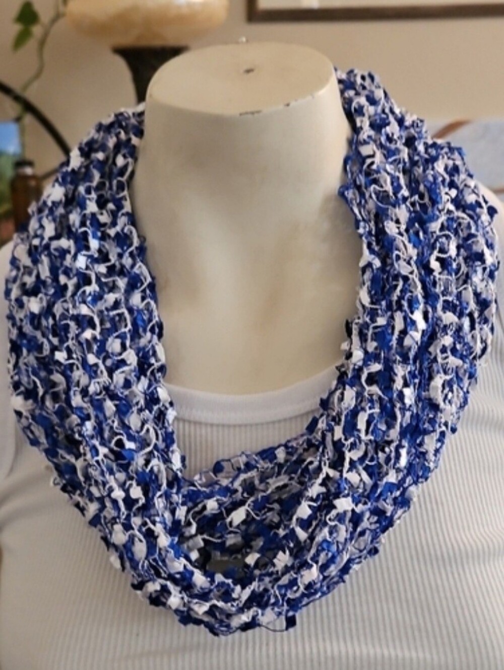 Bundle Of 3 Infinity Blue & White Crochet Infinity Scarves